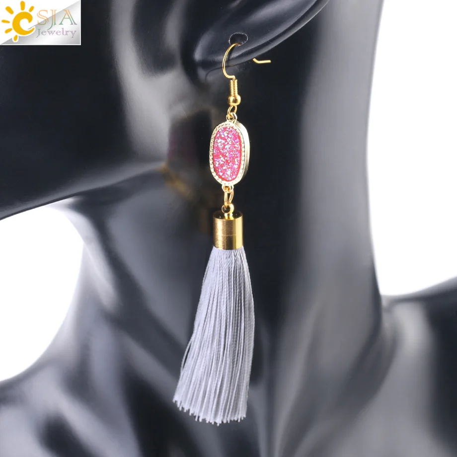 CSJA длинные женские серьги с кисточками Boho натуральный кристалл Druzy Druse висячие