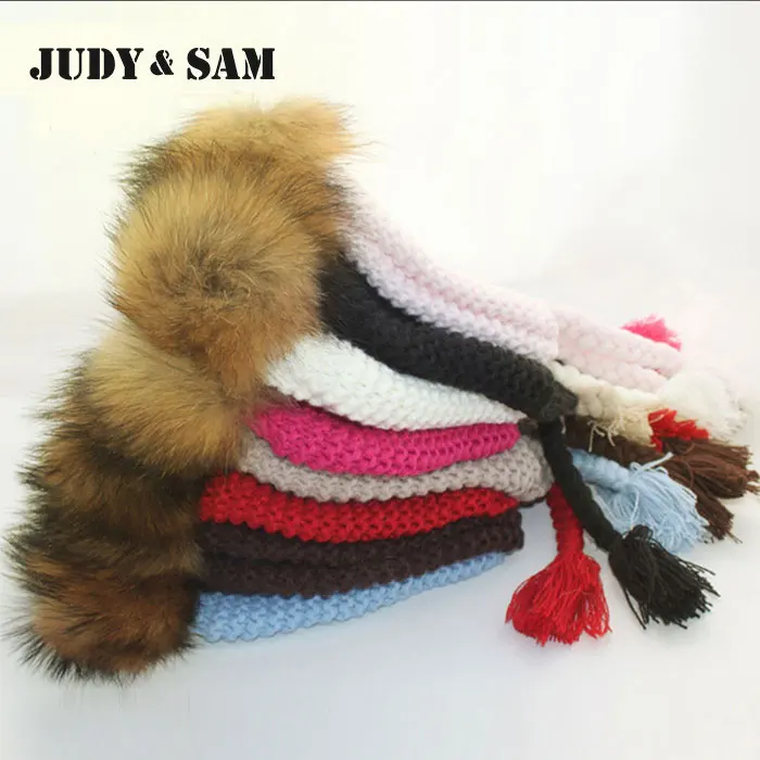 Judy&Sam Girls Winter Fur Pompom Hat Wool Knitted Bomber Hat Crochet Baby Hats Boys Beanie Caps with Real Fur Pompon