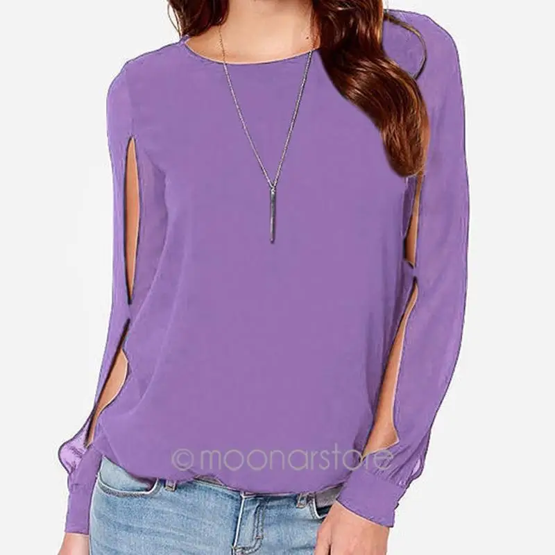 2018 Women Blouse Long Sleeve Hollow Out Sexy Casual Shirt Fashion Chiffon Tops Blue Pink Purple O neck |