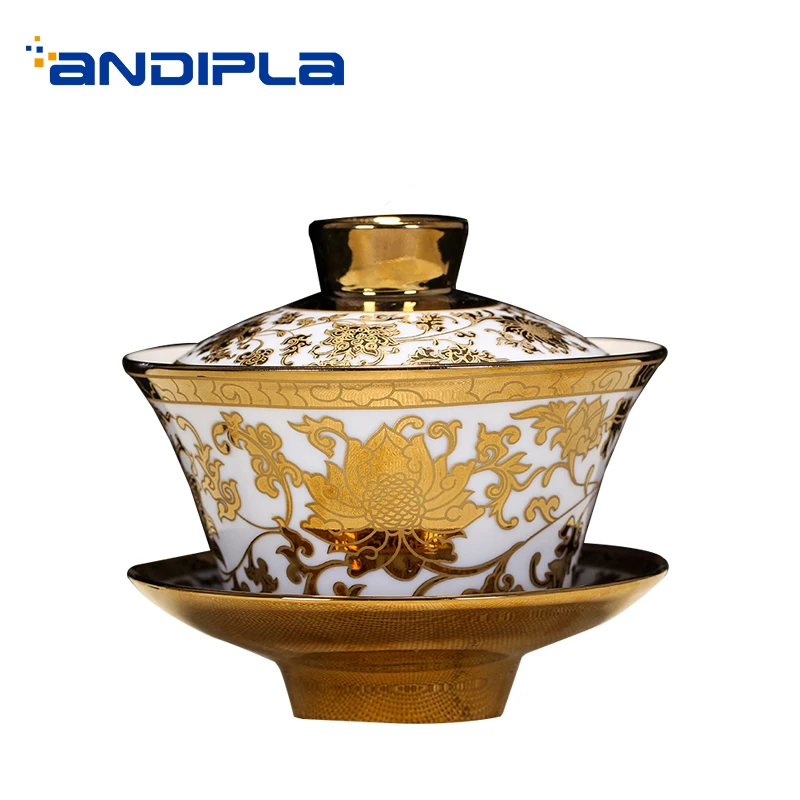 Цзиндэчжэнь 230 мл Творческий Gaiwan керамика фарфор золото чай миска с крышкой набор