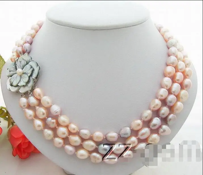 

Free Shipping 3Strds PINK Color Baroque Pearl Necklace-Cameo Clasp