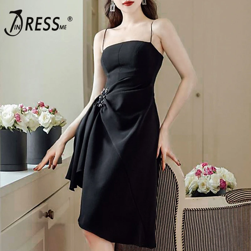 INDRESSME 2019 New Black dress Spaghetti Straps Sleevelss Backless Bodycon Asymmetrical Hem Women With Diamond Belt Midi Dress | Женская