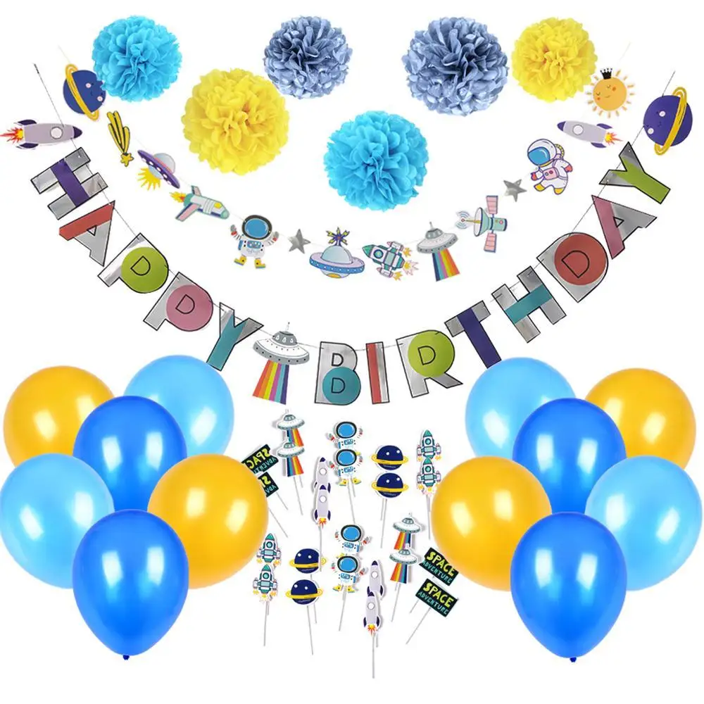 

12pcs Space Birthday Party Happy Birthday Banner Rocket Spaceship Astronaut Cupcake Topper Kit Latex Balloons Pom Poms Kids