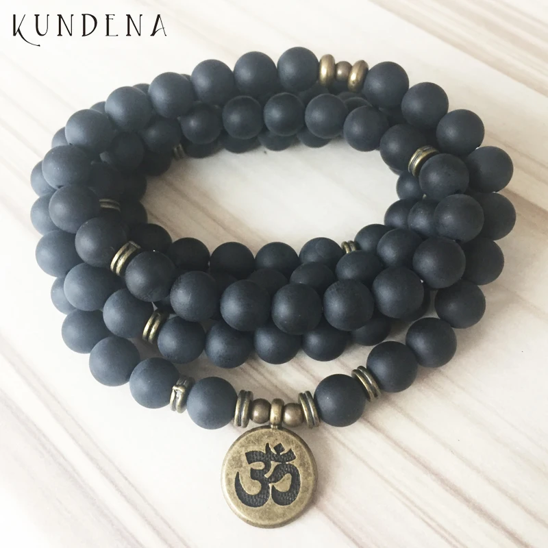 

108 Prayer mala bracelet or Necklace Prayer beads Men Matte Black Onyx Yoga bracelets Lotus Om Black Bracelet