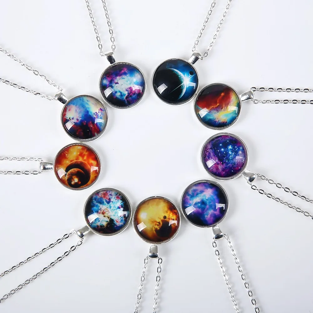 

Galaxy Planet Star Glass Cabochon Pendant Necklace Crescent Moon Jewelry Silver Plated Chain Necklace Women Friend Best Gifts