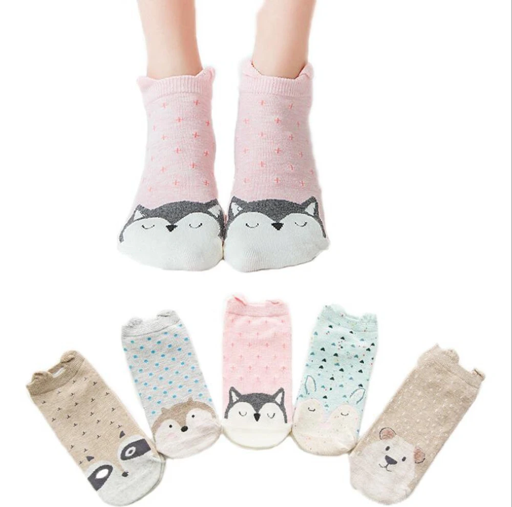 5 Pair Women Cute Socks Harajuku Cartoon Cat Pattern Casual Cotton Happy Funny Female Ankle Thin Summer Low Cut Style | Женская одежда