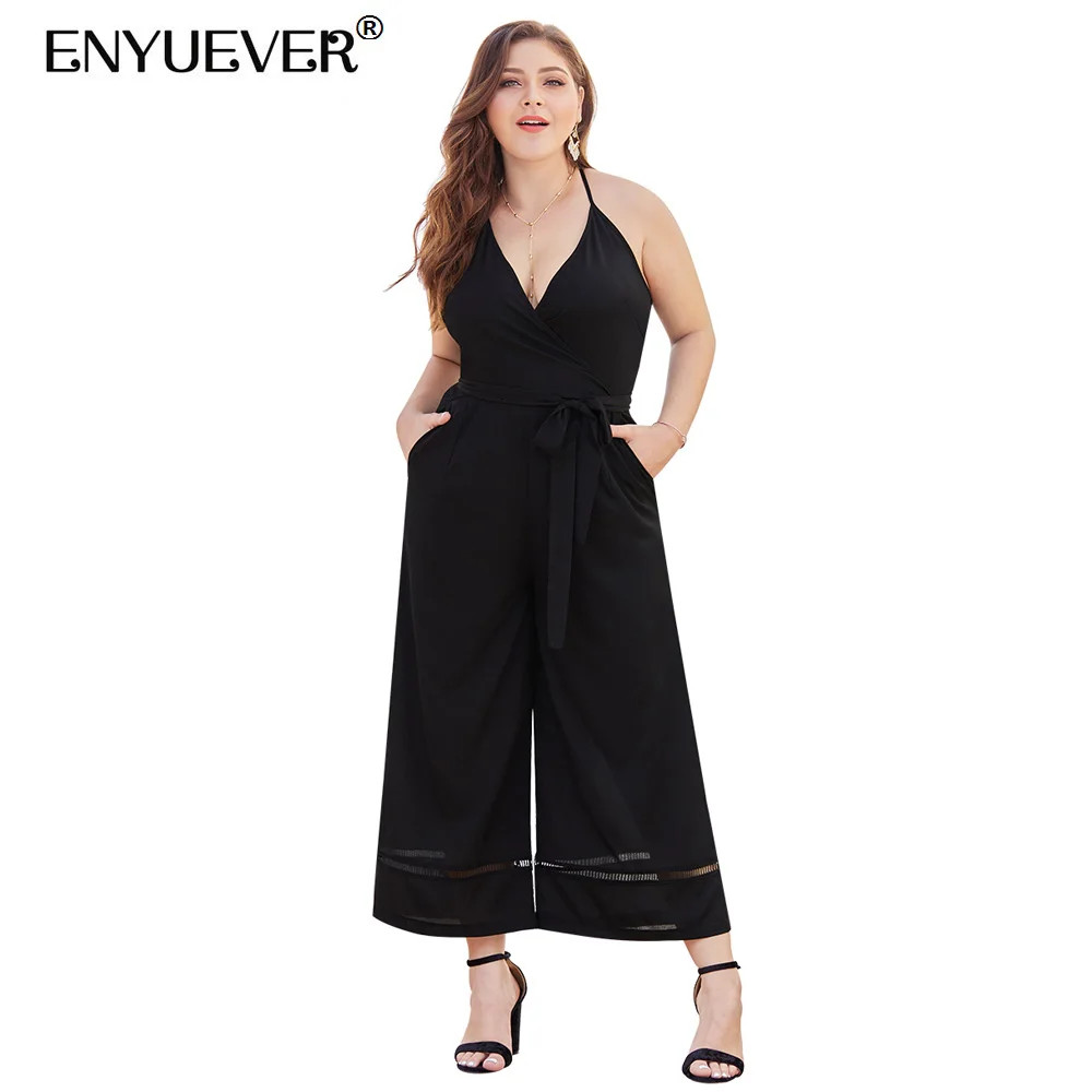 Enyuever Plus Size Casual Jumpsuits Women Summer One Piece Spaghetti Strap Backless Sleeveless Wide Leg Sexy Black Jumpsuit Club | Женская
