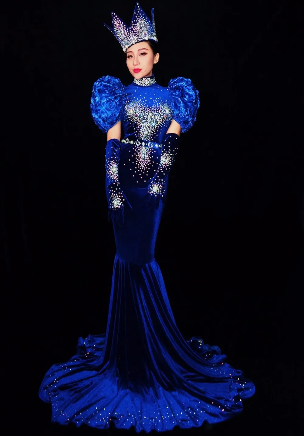 

New Winter Women Blue Velvet Backless Tailing Long Dress Fashion Birthday Celebrate Evening Party Singer Host Catwalk Dresses