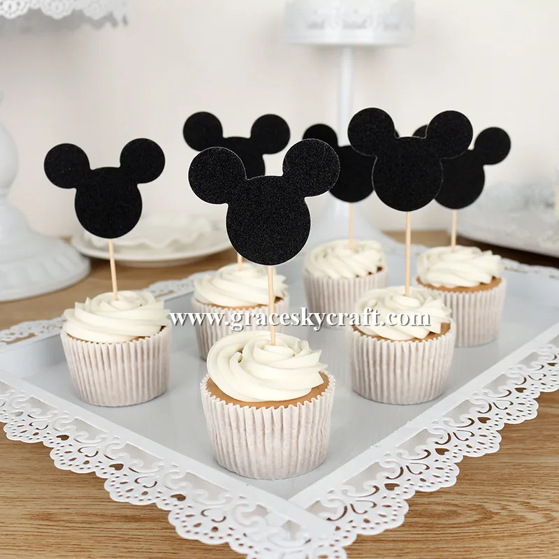 

12pcs/set free shipping Glitter paper lovely Mickey's head shaped Birthday Cakes Toppers Christmas Party Favors cupcake picks