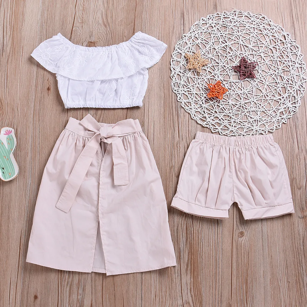 Summer Girls Kids clothes Off-shoulder pullover sleeveless T-shirts solid shorts Ruffle bandage skirts 3pc cotton Baby Outfits | Детская