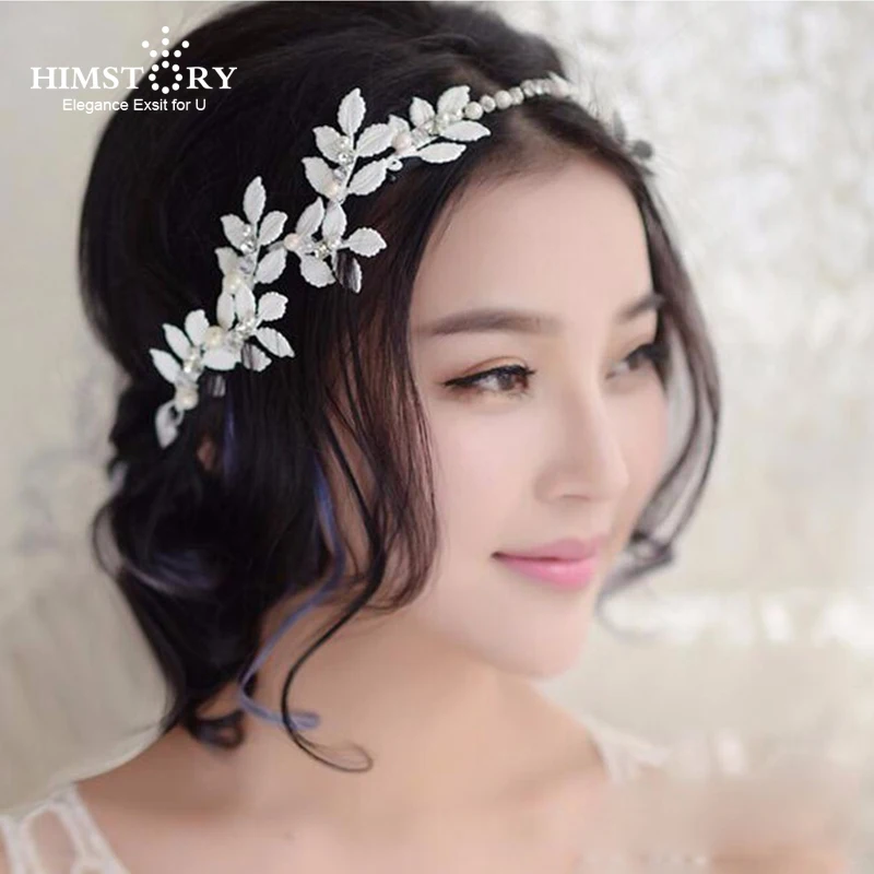 

Himstory Elegant White /Red Leaves Crystal Pearl Headband Bridal Hair Accessories Wedding Hairband Tiara Head Piece Fashion