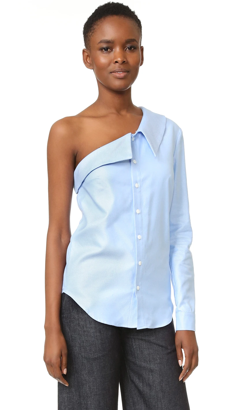 

AEL Street beat Fashion Irregular asymmetric One shoulder Long sleeve ladies shirt Blue stripe summer Casual women tops 2017