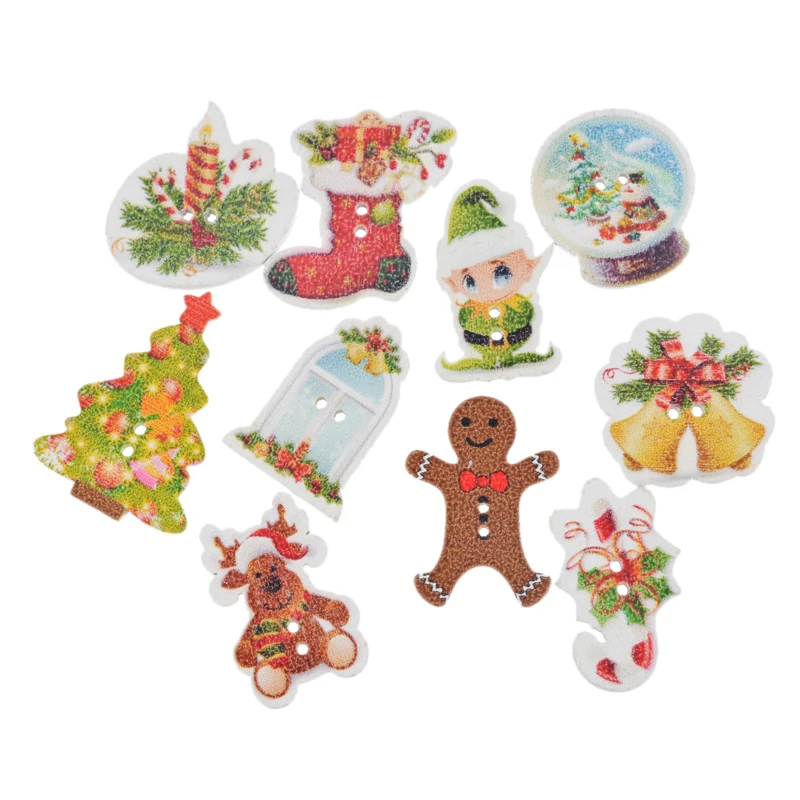 Hoomall 50PCs Christmas Ornament Scrapbook Crafts Decoration 2 holes Mixed Pattern Wooden Button Sewing Accessories | Дом и сад