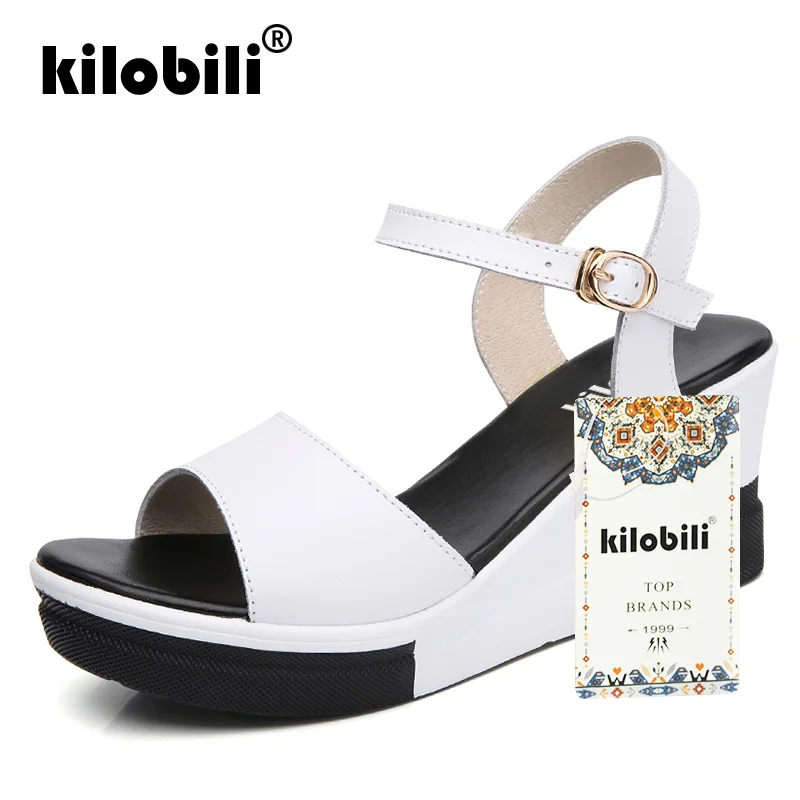 Kilobili/2018 г. летние женские сандалии на плоской подошве танкетке кожаные