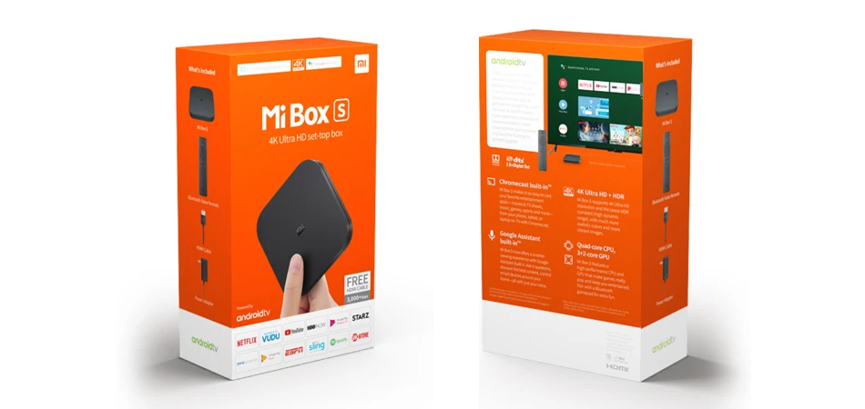 Xiaomi mi Box S глобальная версия 4K ТВ приставка Cortex-A53 четырехъядерный 64 бит Mali-450 Android 2 ГБ+ 8 Гб HD mi 2,0 Google BT4.2 ТВ приставка чехол