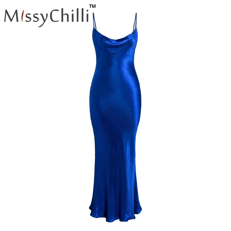 MissyChilli/длинное платье миди с открытой спиной из золотого атласа на шнуровке; элегантное роскошное шелковое сексуальное платье для женщин; вечерняя Клубная одежда; летнее платье - Цвет: Синий
