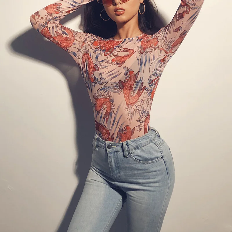 Женская Сетчатая футболка с принтом карпа укороченный топ высоким воротом и