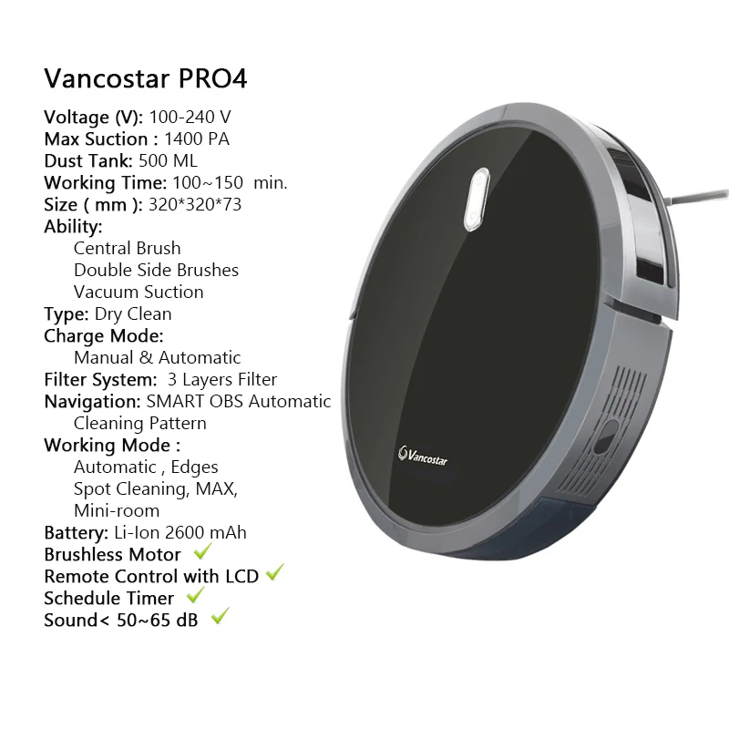 Робот-пылесос Vancostar 1400 PA, умный для дома, Центральная щетка, сухая чистка PRO4, Интеллектуальный робот-пылесос