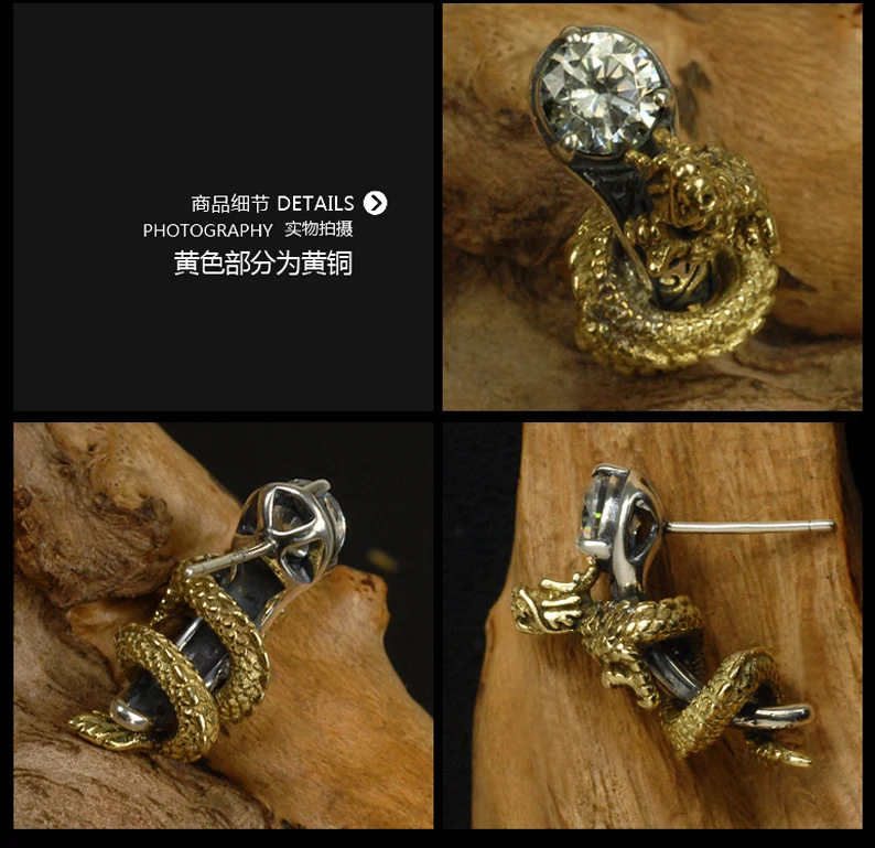 100% Pure 925 Серебряный Дракон Серьги модные панк jewelry серьги стержня для Для мужчин и