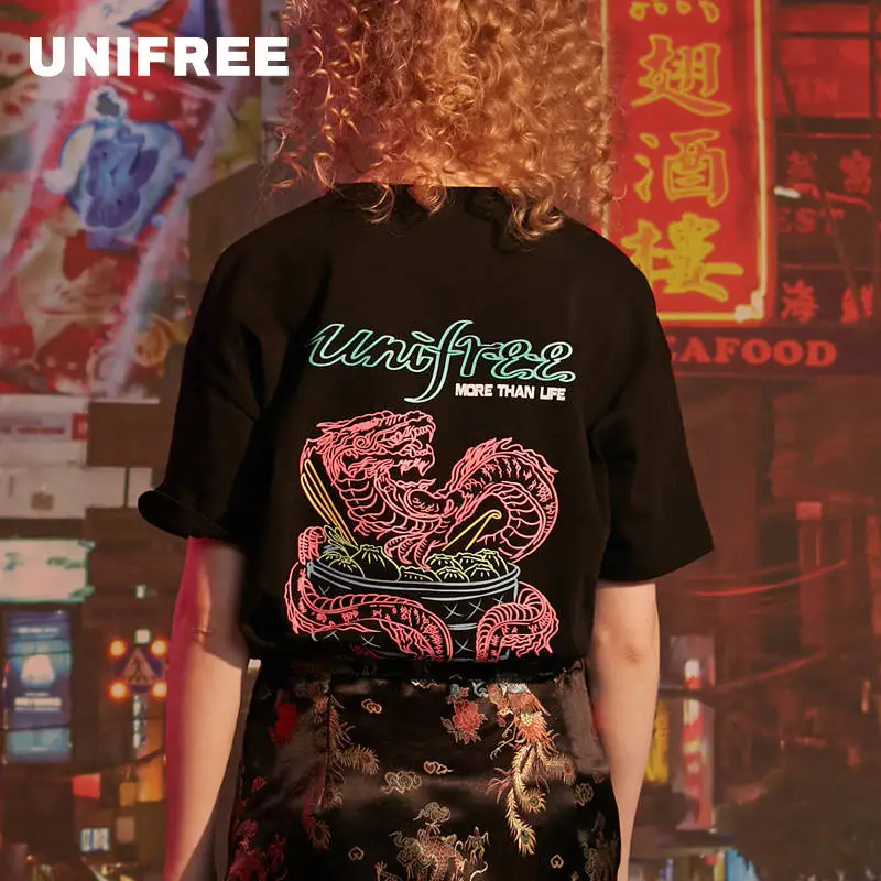 UNIFREE 2019 summer new long sleeve black top shirt women round neck short-sleeved loose printed tshirt UDT192G019 | Женская одежда