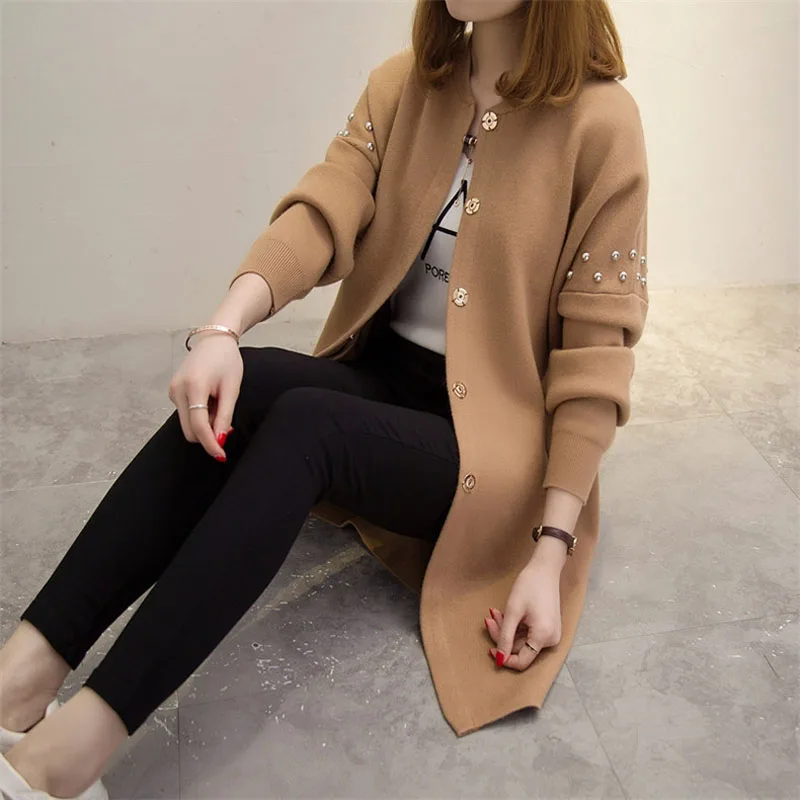 Danjeaner Autumn Winter Long Cardigan Women Sweater 2017 Ladies Sleeve Bead Knitted Slim Cardigans Female Tricot Tops |