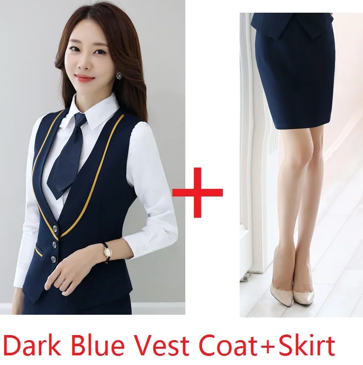 Dark Blue Женские офисные формальные блейзеры осень зима с жилетом и юбкой для женщин пиджак в деловом стиле форменная одежда костюмы плюс размер красный - Цвет: Dark Blue