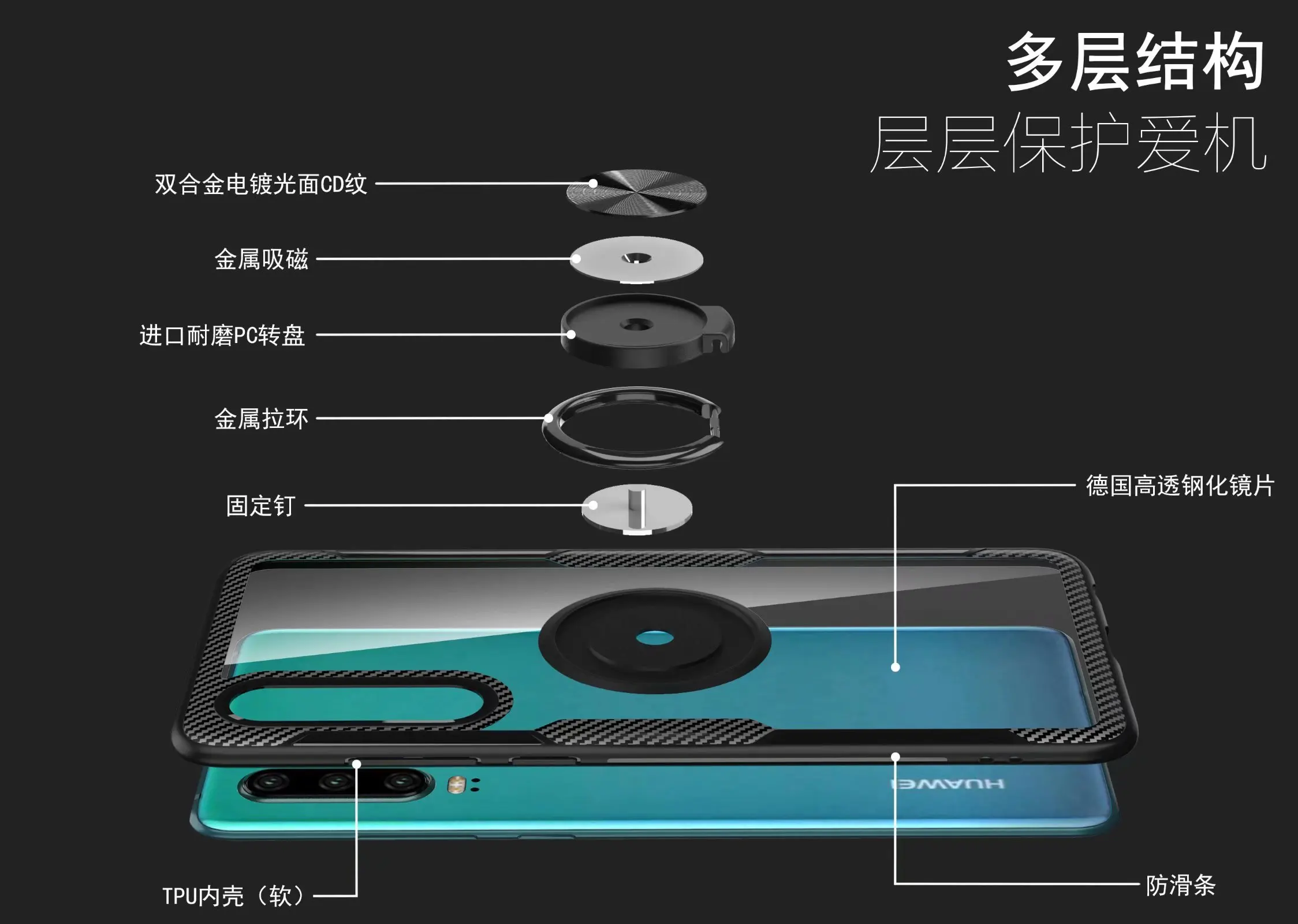 Чехол для Huawei P30 Pro с кольцом подставкой магнитный Прозрачный ударопрочный