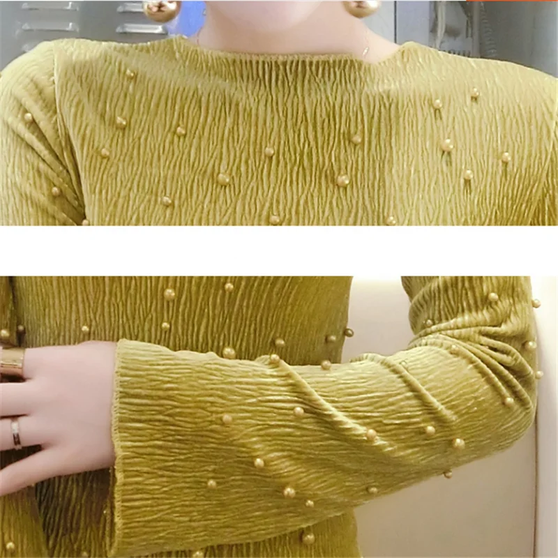 Vetement femme 2018 women's summer autumn bead Blouses Female pearl shirts white yellow Tops Beading Plus Size XXXL Long sleeve |