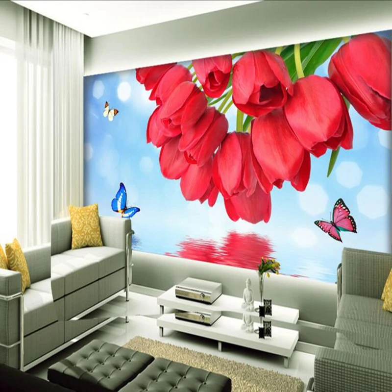 

Wallpaper Flower Custom Tulip Reflection Picture Wall Paper Environment Friendly Thicken TV Background Wall Mural Embossed Study