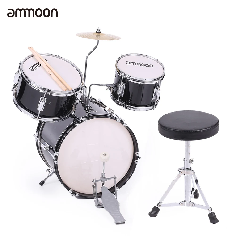 Ammoon 3-Piece Drum Kit Дети Junior Drum Set ударный музыкальный инструмент с тарелки барабанные палочки регулируемый стул - Цвет: Черный