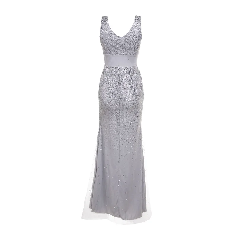 U-SWEAR New Pattern Sexy Deep V Neck Full Dress Pink Sequins Mesh Long Dresses Evening Gowons Women Vestidos