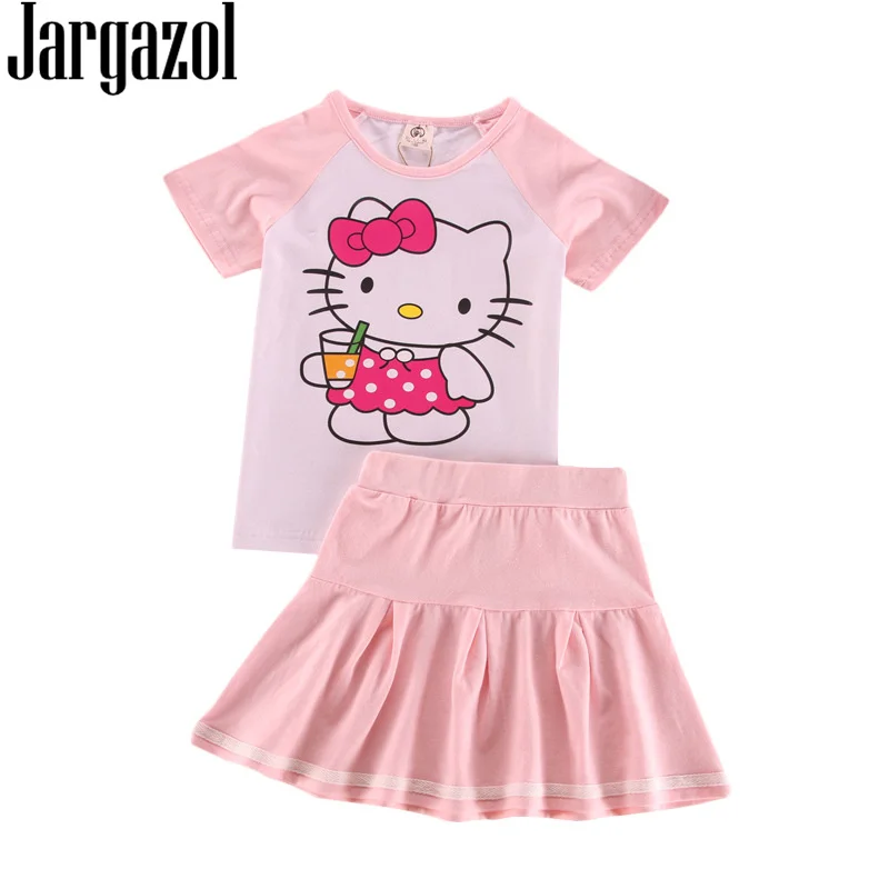 Гофрированные наряды для девушек мультфильм Kitty Cat печатных летняя рубашка и юбка