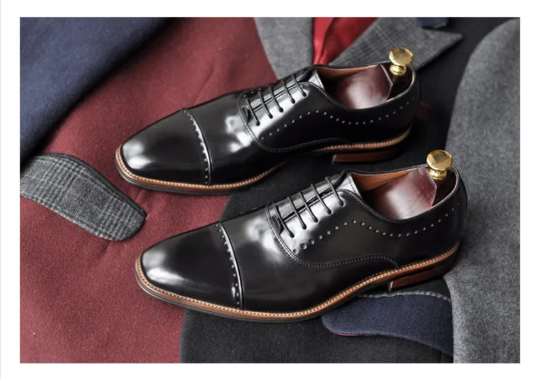 

Handmade genuine leather men's business dress shoes England square head Derby fashion three joint wedding shoes Goodyear