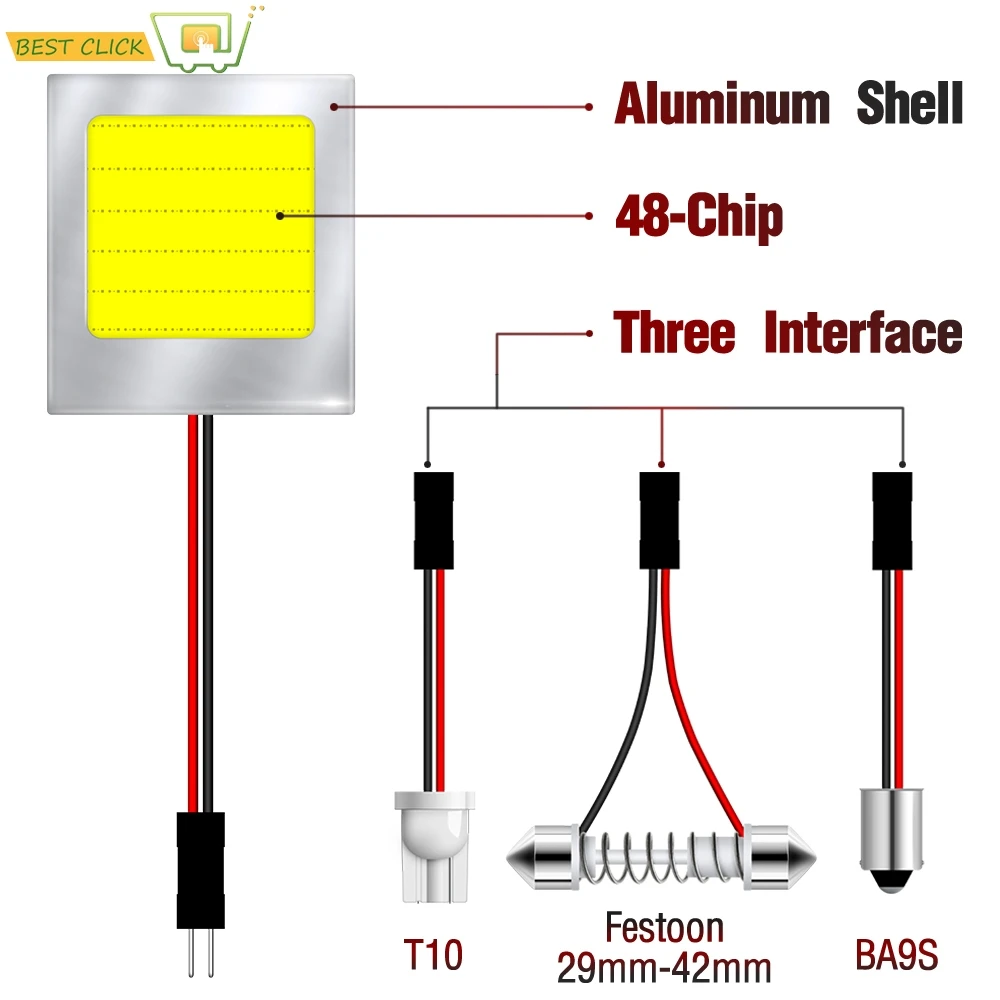 

Xukey C5W W5W Festoon BA9S Car COB LED Panel Light 48-Chips Auto Interior Dome Trunk Map Bulbs 6000K HID Super White 2W Al Shell