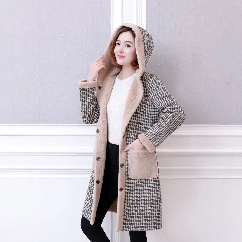Houndstooth-beige AYUNSUE мех ягненка пальто длинные стрижки овец лиса меховой воротник зимняя куртка для женщин; Большие размеры Casacas Para Mujer KJ513 - Цвет: Houndstooth-beige
