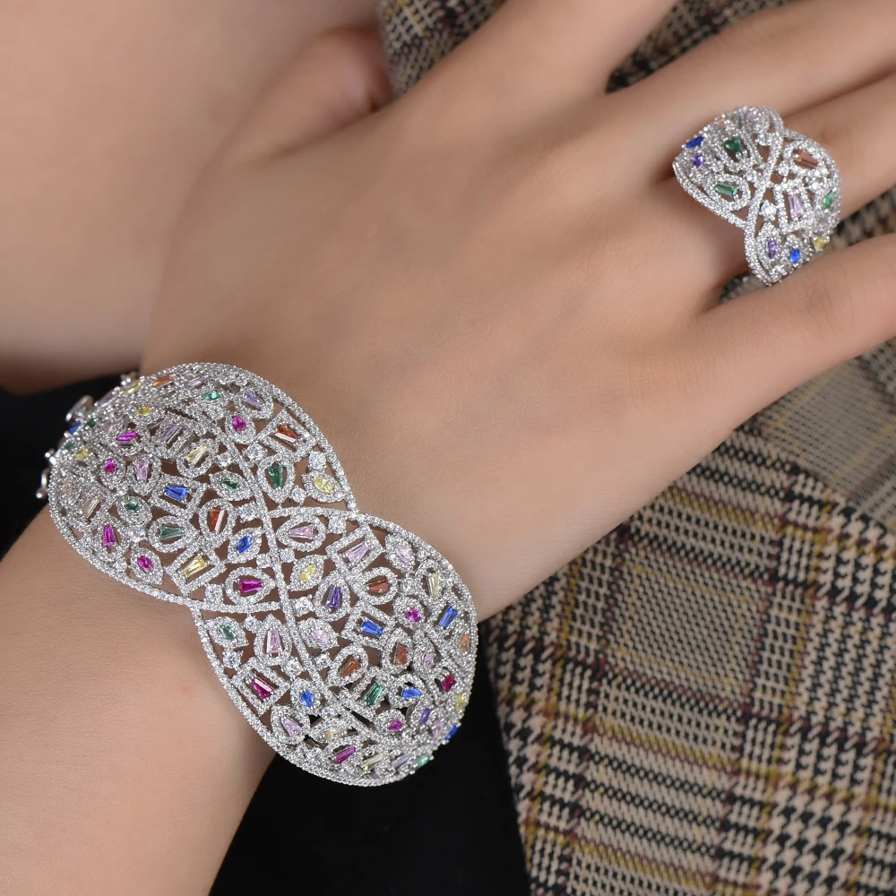 2PCS Jewelry Set Indian Style Wide Surface Full Cubic Zirconia Bangle Bracelet Ring jewelry sets For Women Engagement | Украшения и