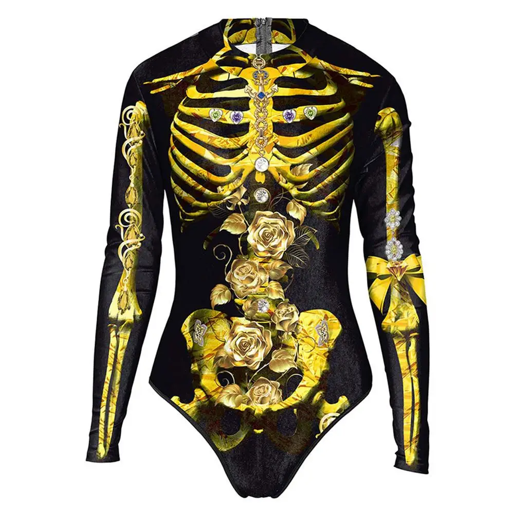 

Halloween 3D skull print swimsuit Skeleton cosplay Women's long sleeve swimsuit Fancy halloween clothing swimsuit