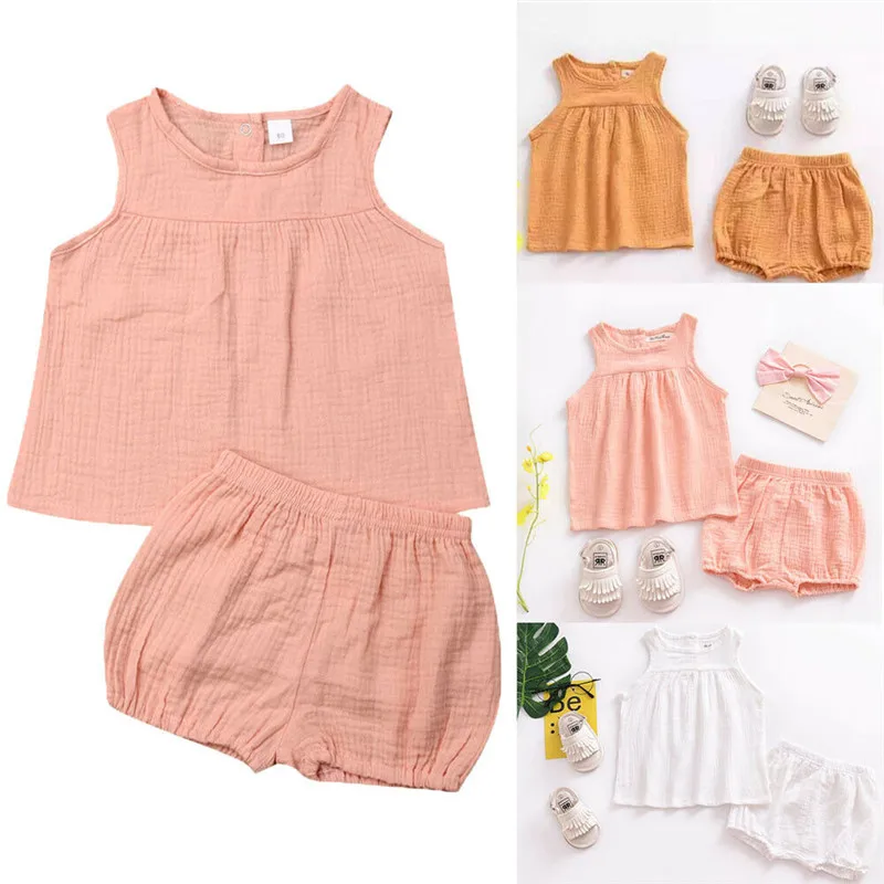 Летние Короткие комплекты одежды для маленьких девочек топы без рукавов + шорты с