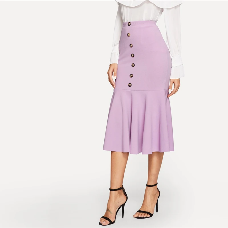 SHEIN Облегающая Юбка С Оборкой Женская Весенняя Элегантная Юбка С Высокой Талией И Пуговицами
