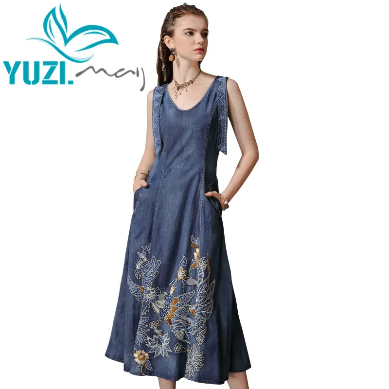 Летнее платье Yuzi. may Boho новые джинсовые женские платья с круглым вырезом без рукавов винтажный сарафан с вышивкой A82168 Vestidos