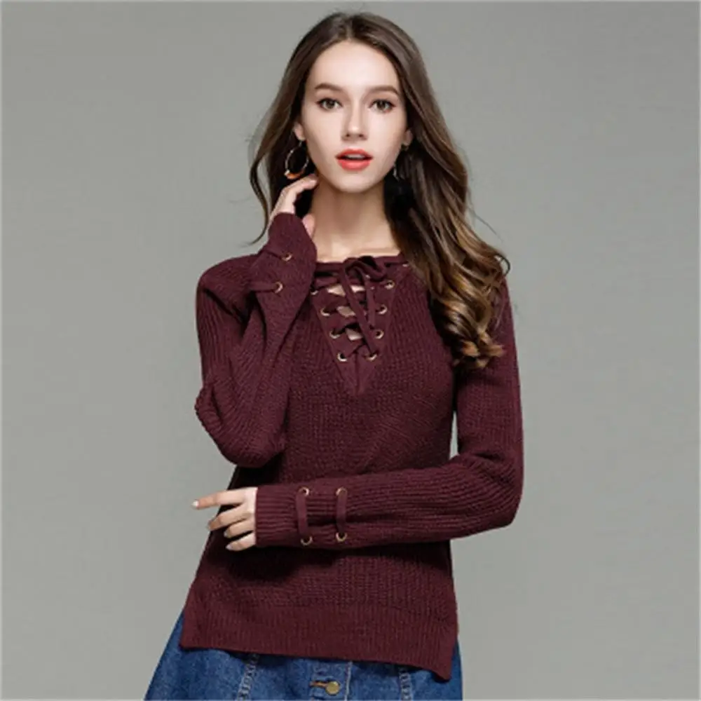 2018 Fashion Autumn Long Sleeve Solid Color Sweaters Winter Women Sweater Bandage V-Neck Knitted Pullover Slim Casual FemaleSexy | Женская