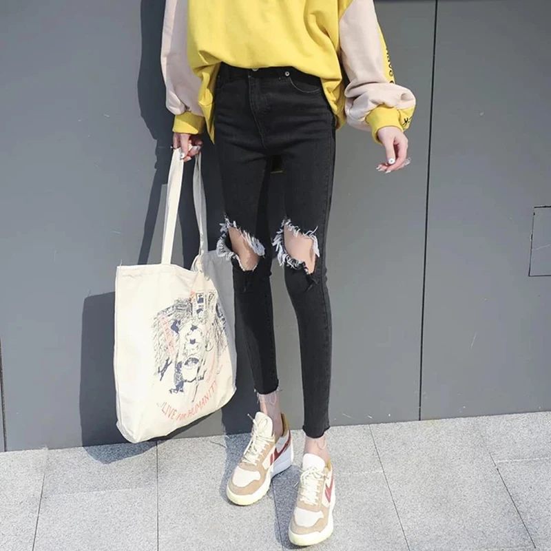 Женские джинсы весна лето рваные обтягивающие до колена с высокой талией