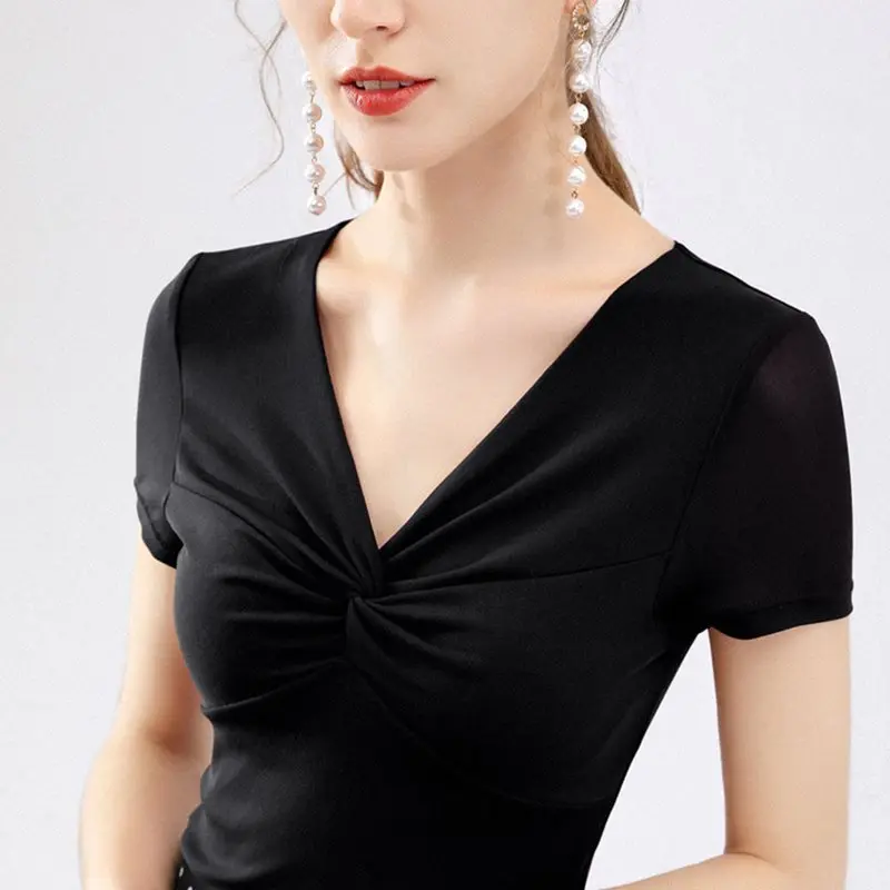 Сексуальная футболка женская с v-образным вырезом Топ элегантная однотонная