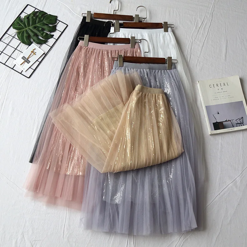 ALPHALMODA, Весенняя юбка макси, модная, расшитая блестками, газовая юбка, одноцветная, высокая талия, блестящая, с блестками, стильная, трендовая юбка