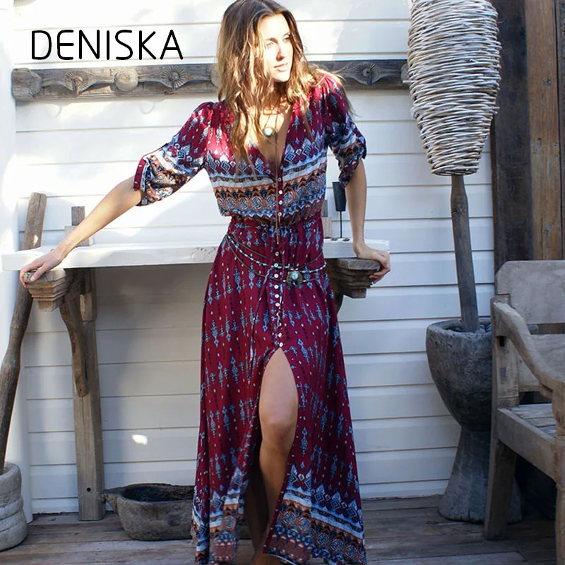 Дениска Для женщин пляжное длинное платье Boho свободные чешские Макси Обёрточная