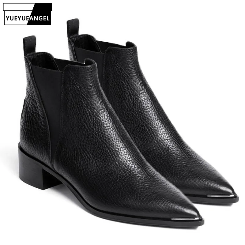 

New Autumn Winter Genuine Leather Ankle Boots Women Fashion Elegant Black Ladies Slip On Pointed Toe Chelsea Boots Shoes 34-39
