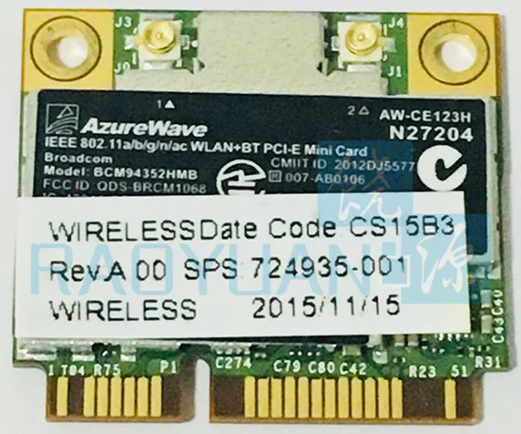 AzureWave AW CE123H BCM4352 BCM94352HMB Половина мини PCI e 802.11AC 867Mhz Беспроводная Bluetooth 4 0 wifi карта SPS: