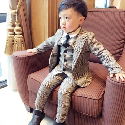 

2018 lattice Kids Blazer Baby Boys Suit Jackets Formal Coat+ Pants+vest 3Piece Boy Suits Formal For Wedding Chlidren Clothing