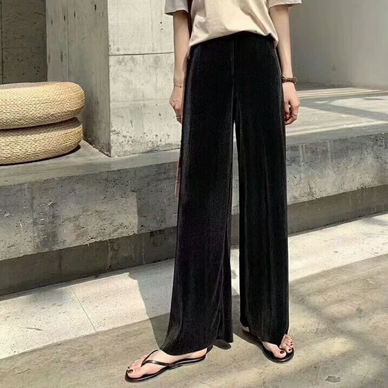 Женские брюки с высокой талией широкие однотонные прямые эластичные