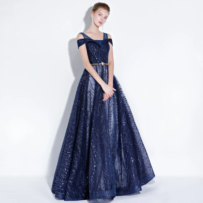 Женское блестящее платье SSYFashion официальное синее с блестками индивидуальный